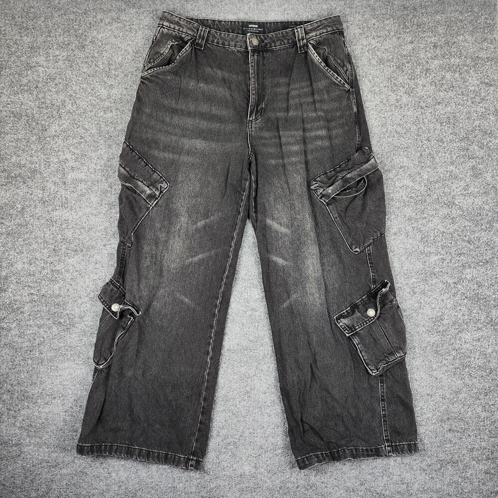 Cotton On Jeans Womens 10 Gray Charcoal Wash High Rise Wide Leg Cargo Denim